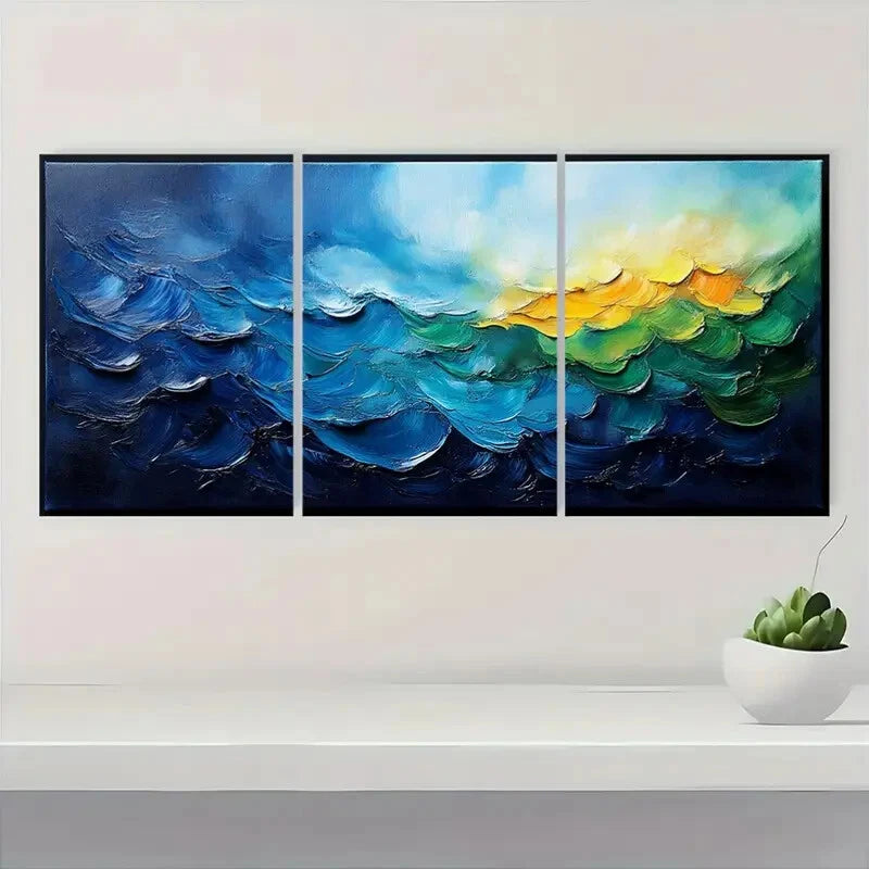 3pcs Abstract Ocean Wave Blue & Green Minimalist Metal Print Ready to Hang Art