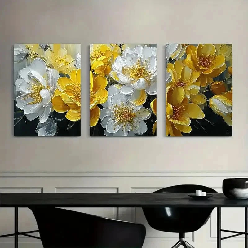 3pcs Oil Painting of Yellow and White Flowers Metal Print Ready to Hang Art - Bella Home Decor