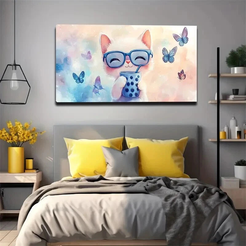 Whimsical White Kitten Glasses Wall Art Canvas Office Home Room Framed 120x60cm - Bella Home Decor