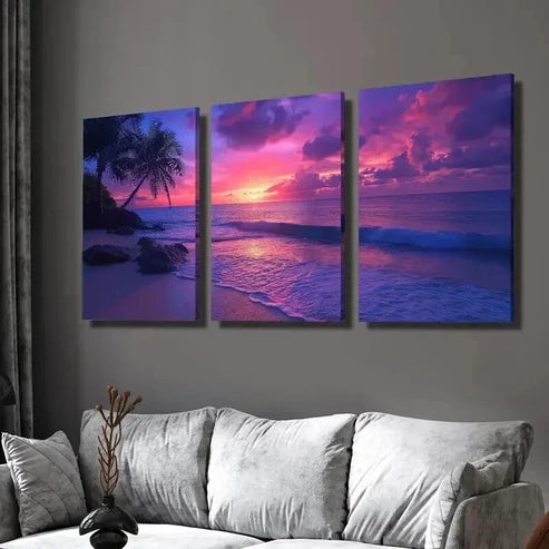 3pcs Palm Trees Ocean Beach & Sunset Wall Art Canvas Unframed - High Quality Print 100% Australian Made Wall Canvas