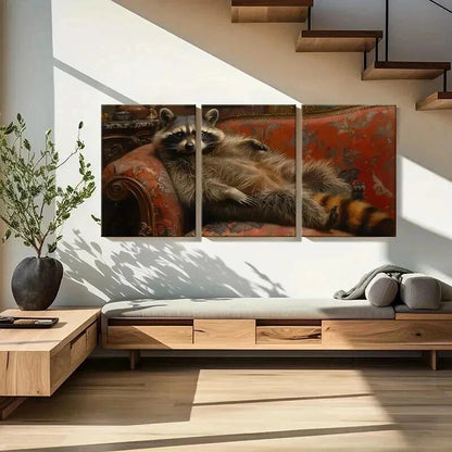 3pcs Raccoon Lying In Ornate Armchair Wall Art Set Canvas Framed 50x70cm - High Quality Print 100% Australian Made Wall Canvas Ready to Hang - Bella Home Decor