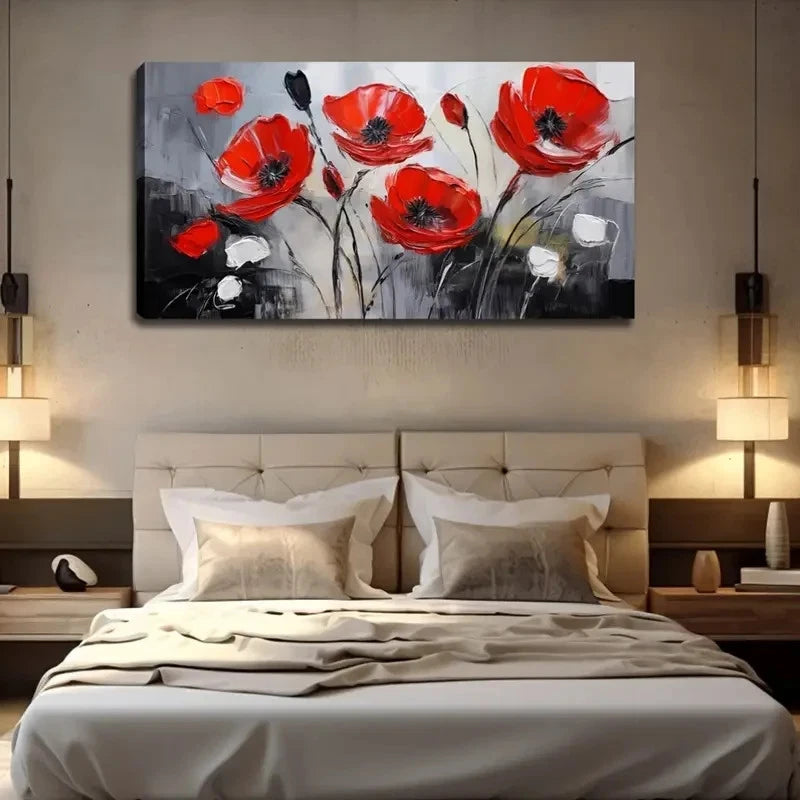 Vibrant Red & White Poppies Wall Art Canvas Office Home Room Framed 120x60cm