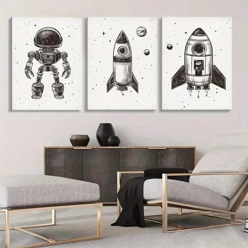 3pcs Retro Space Rocket & Astronaut Perfect Wall Art Set Canvas Framed 40x60cm - High Quality Print 100% Australian Made Wall Canvas Ready to Hang