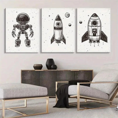 3pcs Retro Space Rocket & Astronaut Perfect Wall Art Set Canvas Framed 40x60cm - High Quality Print 100% Australian Made Wall Canvas Ready to Hang