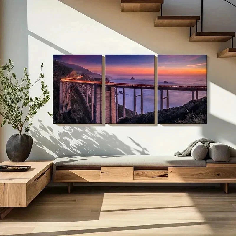 3pcs Coastal Landscape with Train & Sunset Wall Art Set Canvas Framed 40x60cm - High Quality Print 100% Australian Made Wall Canvas Ready to Hang - Bella Home Decor