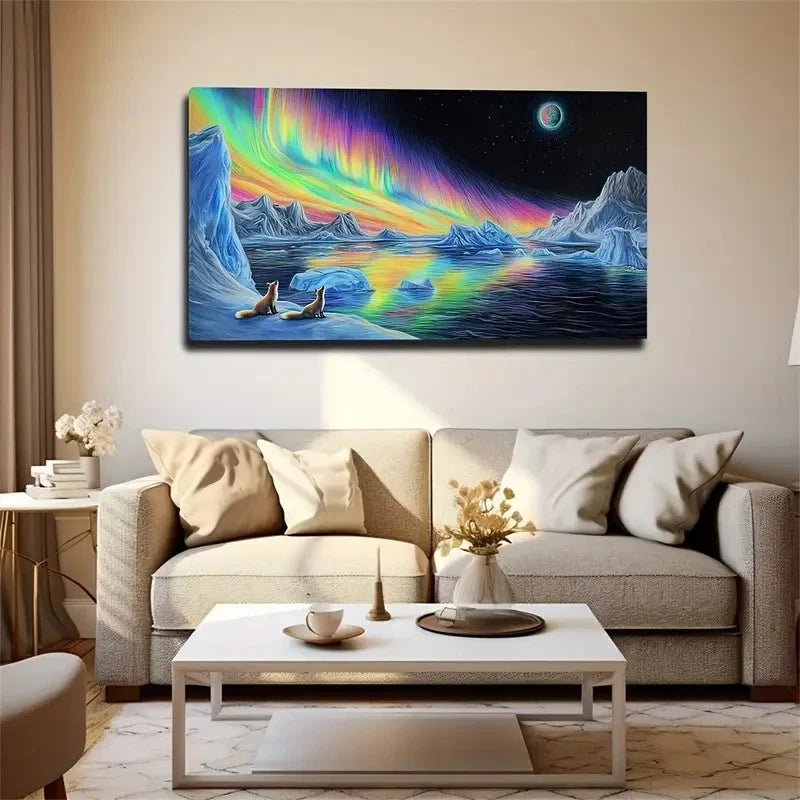 Vibrant Aurora Borealis Bear Wall Art Canvas Office Home Room Framed 120x60cm