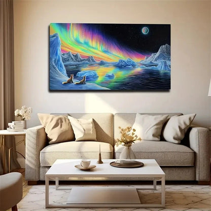 Vibrant Aurora Borealis Bear Wall Art Canvas Office Home Room Framed 120x60cm