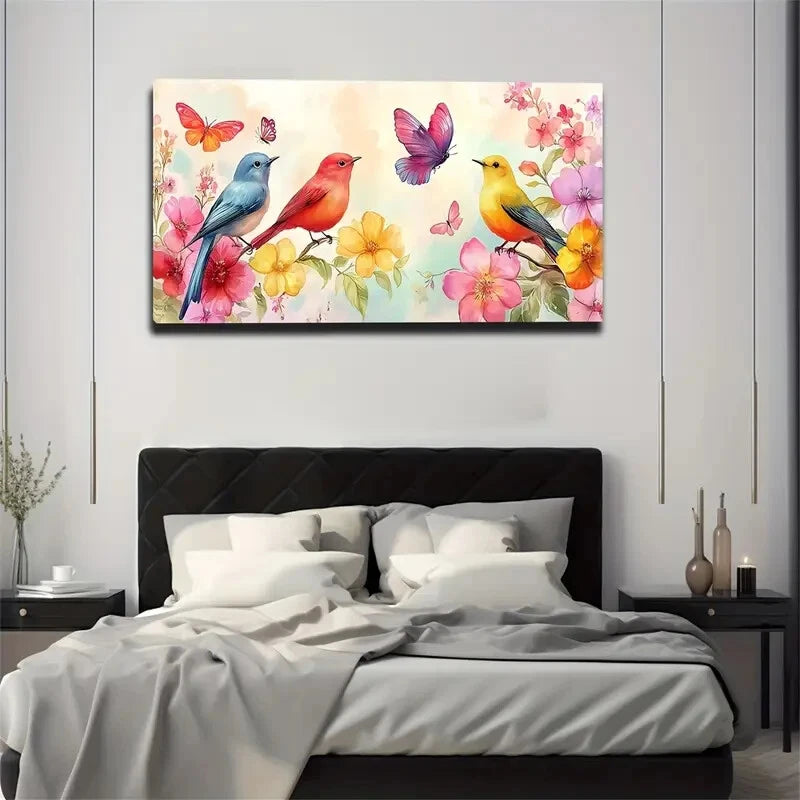 Three Colorful Birds Flowering Wall Art Canvas Office Home Room Framed 120x60cm - Bella Home Decor