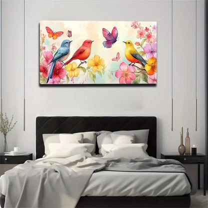 Three Colorful Birds Flowering Wall Art Canvas Office Home Room Framed 120x60cm - Bella Home Decor