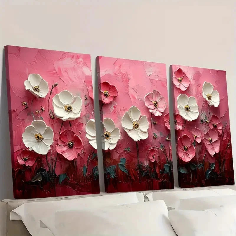 3pcs Pink Abstract White Flower Original Art SF    Wall Art Set Canvas Framed 50x70cm - High Quality Print 100% Australian Made Wall Canvas Ready to Hang