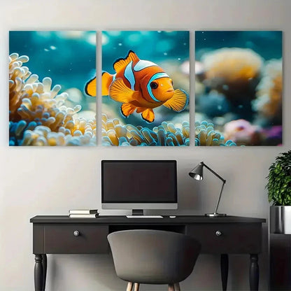3pcs Clown Fish in Anemone Sea Life Metal Print Ready to Hang Art - Bella Home Decor