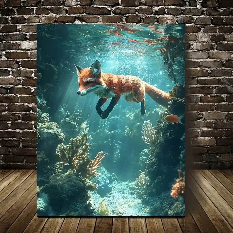 Fox Swimming Under Coral Reef Scene Painting 40x60cm Metal Print Ready to Hang - Bella Home Decor