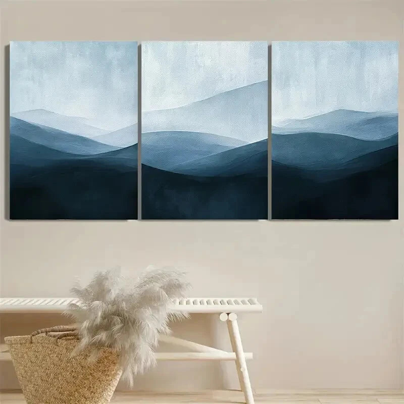 3pcs Deep Blue Navy Hues, Minimalist Serene Metal Print Ready to Hang Art - Bella Home Decor