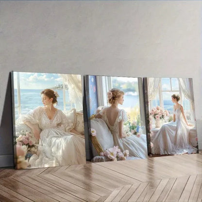3pcs Woman in a White Dress Sitting by a Window Wall Art Set Canvas Unframed - High Quality Print 100% Australian Made Wall Canvas