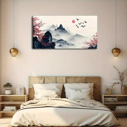 Mountain and Cherry Blossom Wall Art Canvas Office Home Room Framed 120x60cm - Bella Home Decor