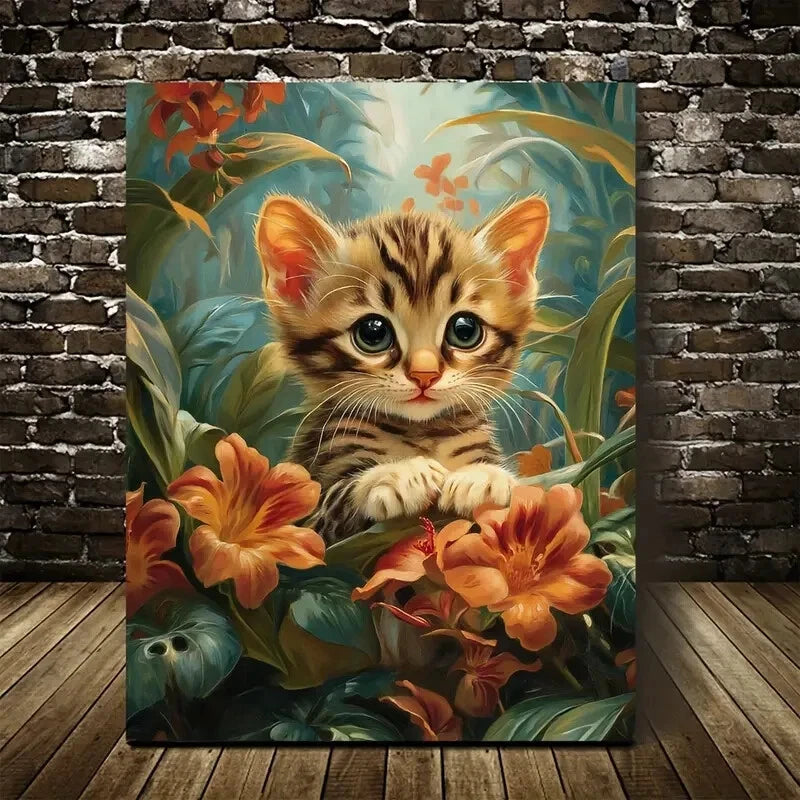 Cute Bengal Kitten with Vibrant Flowers Painting 40x60cm Metal Print Ready to Hang - Bella Home Decor