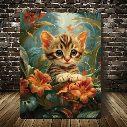 Cute Bengal Kitten with Vibrant Flowers Painting 40x60cm Metal Print Ready to Hang - Bella Home Decor
