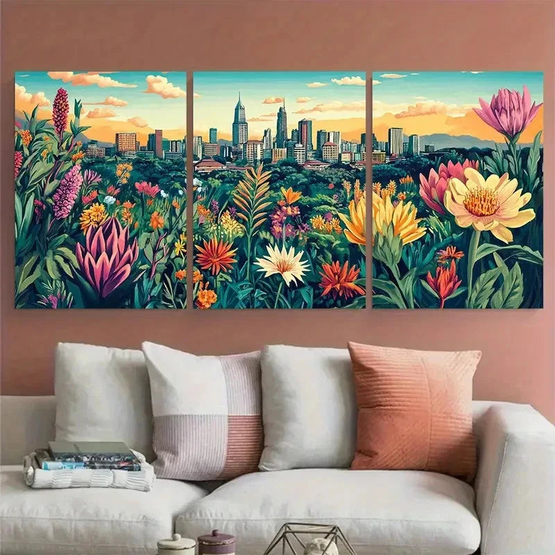 3pcs Nairobi Travel Botanical Illustration Wall Art Set Canvas Framed 60x90cm - High Quality Print 100% Australian Made Wall Canvas Ready to Hang