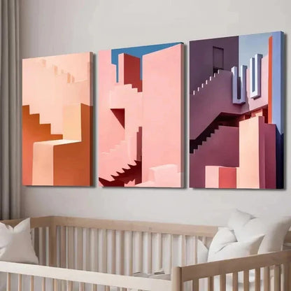 3pcs Pink Stairs Pink Road Art Illustration Wall Art Canvas Unframed - High Quality Print 100% Australian Made Wall Canvas