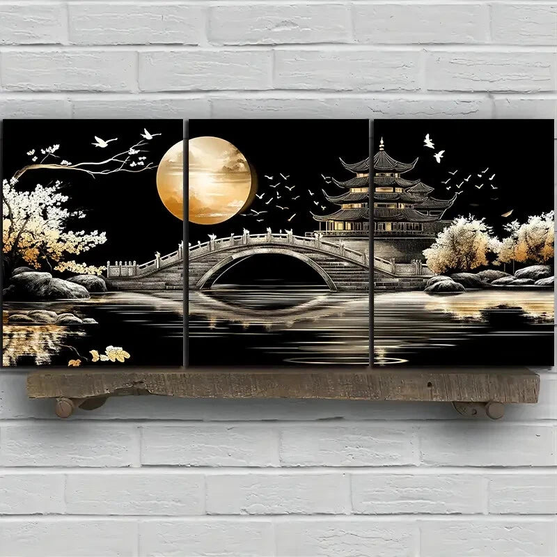 3pcs Arch Bridge Moon Pagoda & Cranes Metal Print Ready to Hang Art - Bella Home Decor