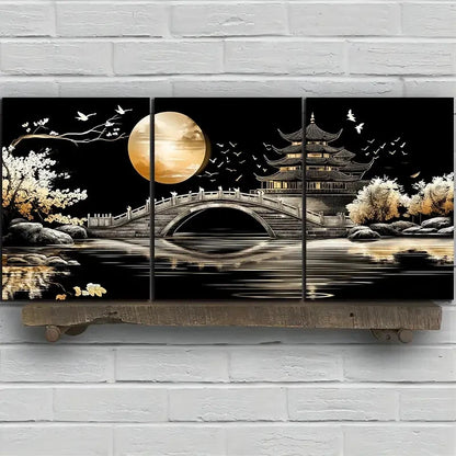 3pcs Arch Bridge Moon Pagoda & Cranes Metal Print Ready to Hang Art - Bella Home Decor
