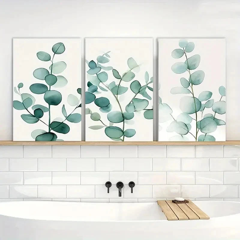 3pcs Painting Eucalyptus Sage Green Wall Art Metal Print Ready to Hang Art - Bella Home Decor