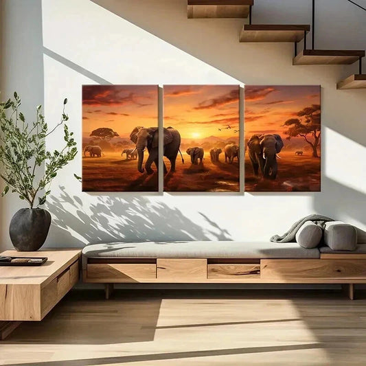 3pcs African Elephant in a Grassland During Sun Wall Art Set Canvas Framed 60x90cm - High Quality Print 100% Australian Made Wall Canvas Ready to Hang