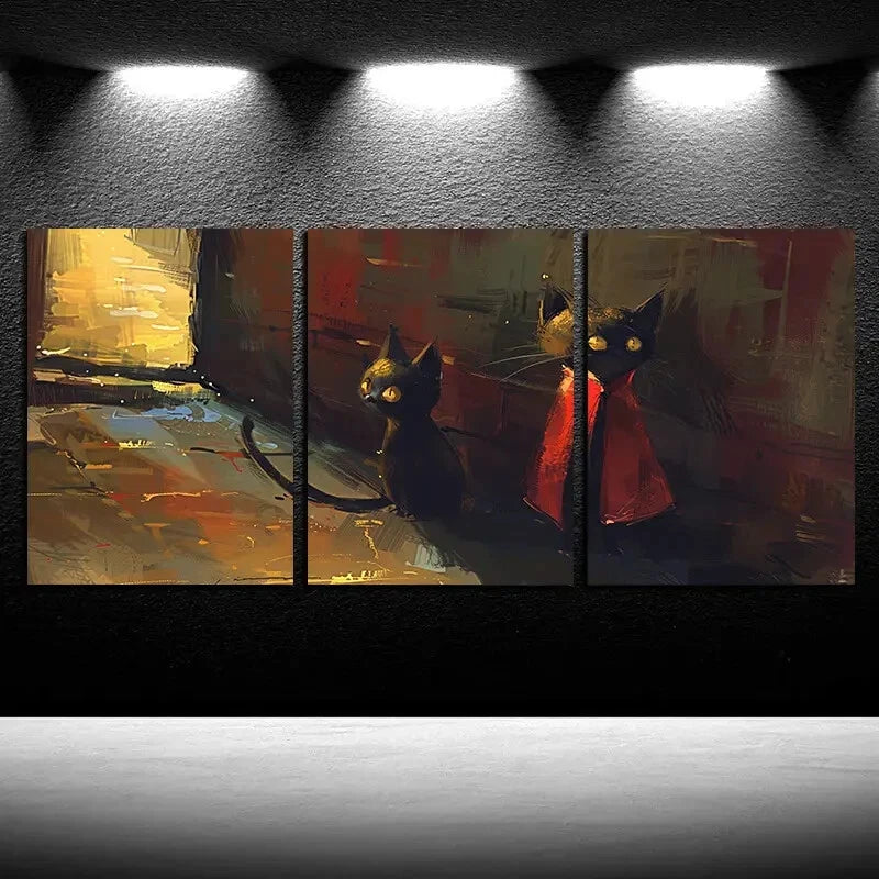 3pcs Decorative Black Cat Abstract Illustration Metal Print Ready to Hang Art - Bella Home Decor