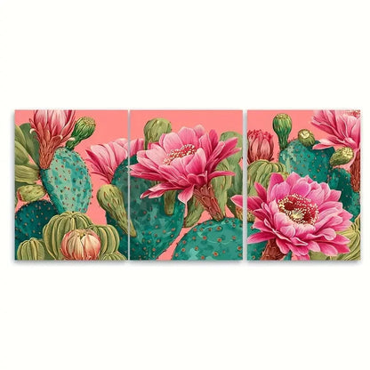 3pcs Boho Cactus Pink Flower Desert Scene Wall Art Set Canvas Framed 40x60cm - High Quality Print 100% Australian Made Wall Canvas Ready to Hang - Bella Home Decor