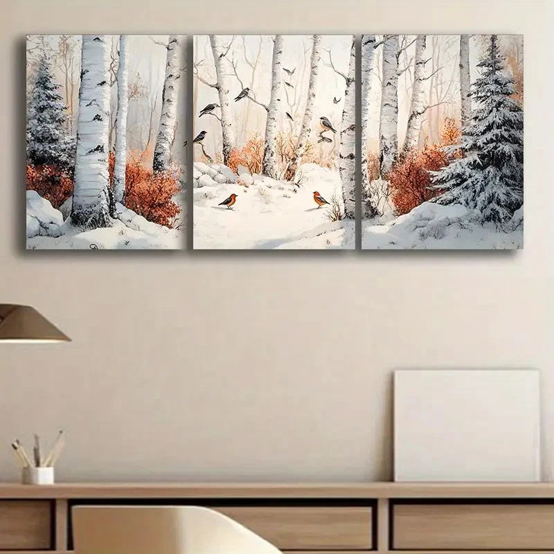 3pcs Silver Birch Winter Scene Metal Print Ready to Hang Art