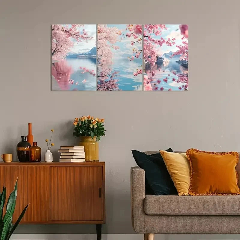 3pcs Combination of Cherry Blossoms And Lake Water Metal Print Ready to Hang Art - Bella Home Decor