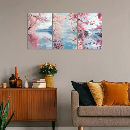 3pcs Combination of Cherry Blossoms And Lake Water Metal Print Ready to Hang Art - Bella Home Decor