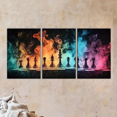 3pcs chess game with fire burning Wall Art Set Canvas Unframed - High Quality Print 100% Australian Made Wall Canvas