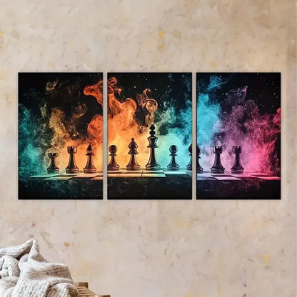 3pcs chess game with fire burning Wall Art Set Canvas Unframed - High Quality Print 100% Australian Made Wall Canvas