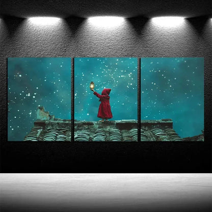 3pcs Fantasy Landscape with Tiny Elves and Lantern Metal Print Ready to Hang Art - Bella Home Decor