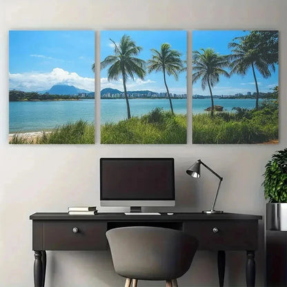3pcs Palm Trees & Ocean View Decor Perfect Wall Art Set Canvas Framed 50x70cm - High Quality Print 100% Australian Made Wall Canvas Ready to Hang