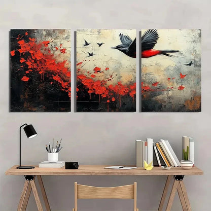 3pcs Black White And Red Birds Abstract Perfect Wall Art Set Canvas Framed 40x60cm - High Quality Print 100% Australian Made Wall Canvas Ready to Hang - Bella Home Decor