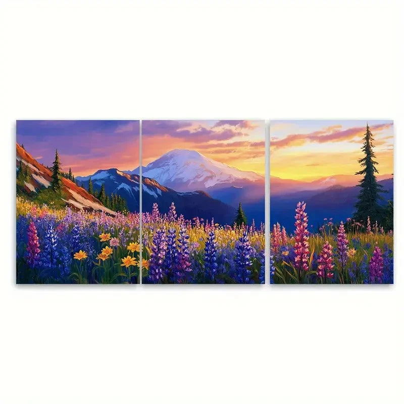 3pcs Mount Rainier Wildflower Mountain Sunset Wall Art Set Canvas Framed 40x60cm - High Quality Print 100% Australian Made Wall Canvas Ready to Hang