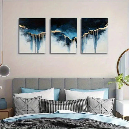 3pcs Abstract Blue and Golden Oil Painting Metal Print Ready to Hang Art - Bella Home Decor