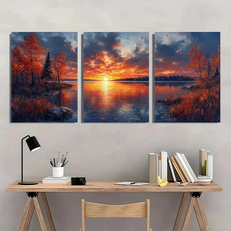3pcs Serene Sunset Lake Scene with Autumn Trees Wall Art Set Canvas Framed 50x70cm - High Quality Print 100% Australian Made Wall Canvas Ready to Hang