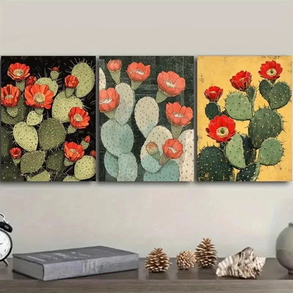 3pcs Featuring Blooming Cacti & Red Flowers Wall Art Set Canvas Framed 40x60cm - High Quality Print 100% Australian Made Wall Canvas Ready to Hang