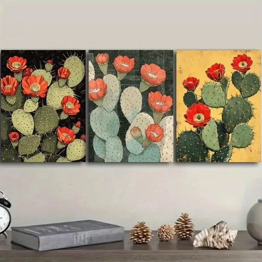 3pcs Featuring Blooming Cacti & Red Flowers Wall Art Set Canvas Framed 40x60cm - High Quality Print 100% Australian Made Wall Canvas Ready to Hang