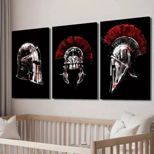 3pcs Red & White Roman Spartan Helmets Wall Art Set Canvas Framed 60x90cm - High Quality Print 100% Australian Made Wall Canvas Ready to Hang