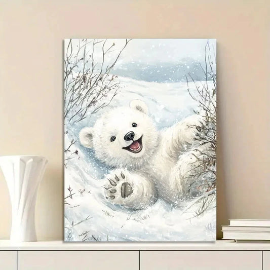 Cute Little Polar Bear Cub Rolling Around in The Snow 40x60cm Metal Print Ready to Hang