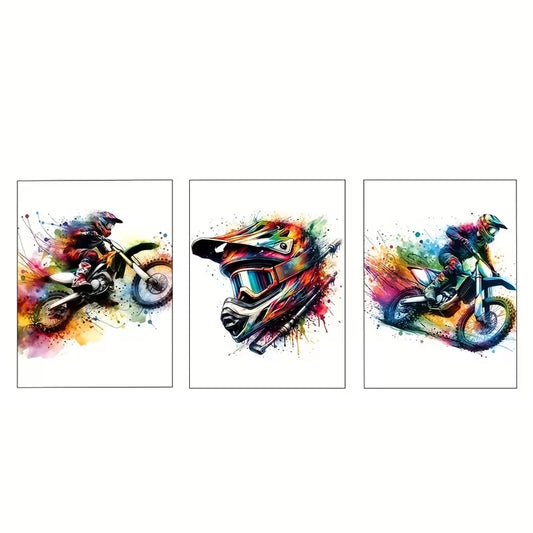 3pcs Watercolor Motocross Decor       Wall Art Set Canvas Framed 60x90cm - High Quality Print 100% Australian Made Wall Canvas Ready to Hang