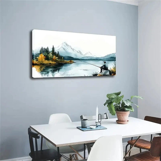 Mountains and Trees Fishing Wall Art Canvas Office Home Room Framed 120x60cm