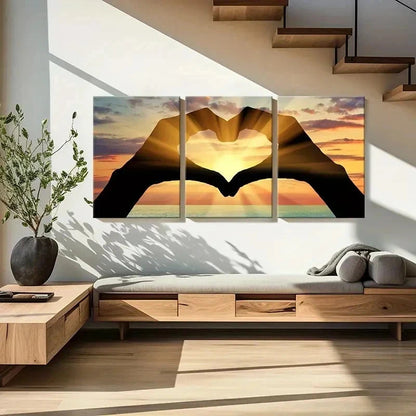 3pcs Hands Forming a Heart with Sunset Wall Art Set Canvas Framed 60x90cm - High Quality Print 100% Australian Made Wall Canvas Ready to Hang