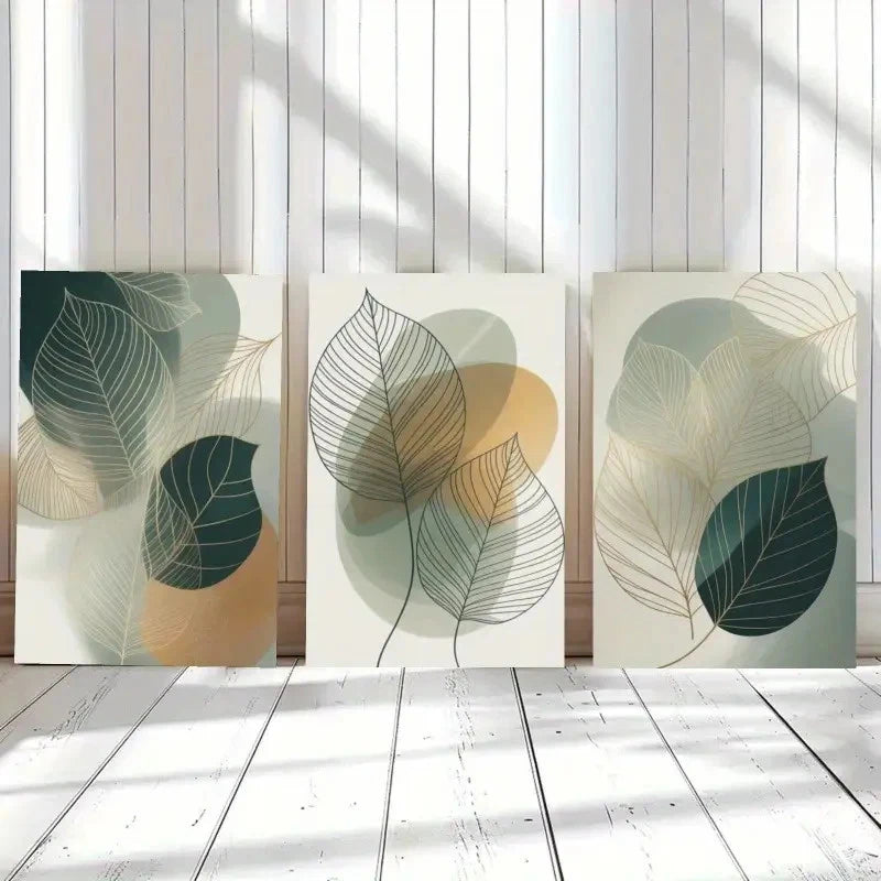3pcs Abstract Leaves Green Tones Botanical Metal Print Ready to Hang Art - Bella Home Decor