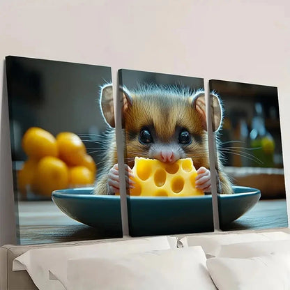 3pcs Angry Possum Hoarding Cheese I  Wall Art Set Canvas Framed 50x70cm - High Quality Print 100% Australian Made Wall Canvas Ready to Hang - Bella Home Decor