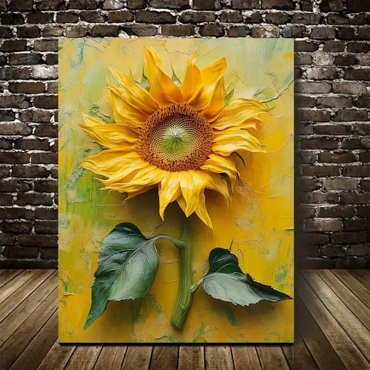 Vibrant Yellow Petals & Green Leaves Painting 40x60cm Metal Print Ready to Hang - Bella Home Decor